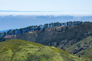 Distant view of layered green hills and Mount Toro near Soberanes Canyon Trailhead in California, with Highway 1 nearby and coastal fog hovering below the mountains.