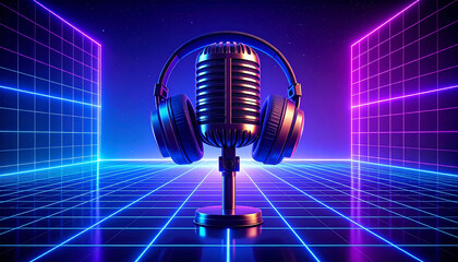 Retro-futuristic microphone with headphones in a neon grid room, great for music, podcasting, and 80s-inspired tech.