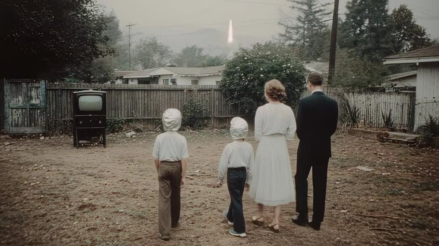 Family watching rocket launch in rural setting. Vintage sepia photo of parents and children observing space mission. Nostalgic 1960s americana scene with distant spacecraft.