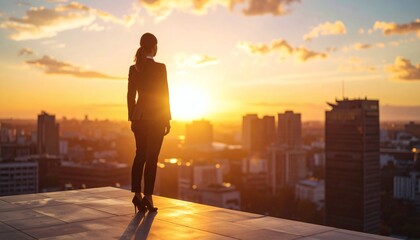 Woman in Business Suit on Rooftop at Sunset, Cityscape View