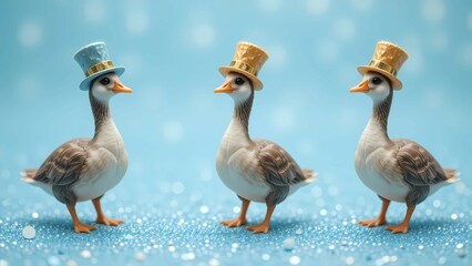 Obraz premium Three Elegant Ducks in Party Hats – Whimsical Animal Celebration Concept on Blue Glitter Background