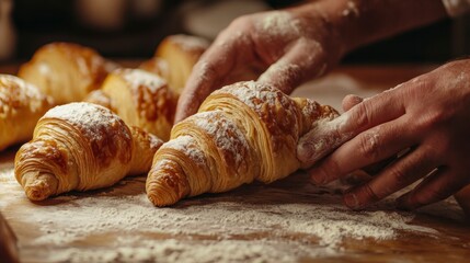 Baker's hands dusting freshly baked croissants with powdered sugar on a wooden surface.