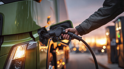 Fueling up a vibrant green commercial truck at a sunlit station, emphasizing sustainable transportation and logistics at dusk, highlighting eco-friendly solutions.
