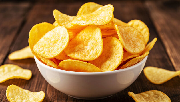 Stacked potato chips in a ceramic bowl on a wooden table, close-up, warm lighting, rustic surface