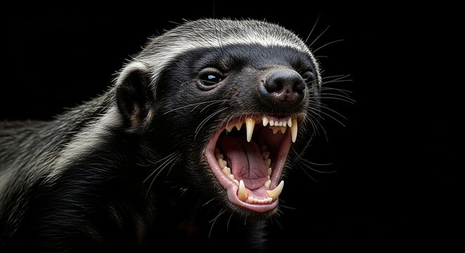 Close-up of a ferocious-looking honey badger with its mouth wide open, displaying sharp teeth. - Powered by Adobe