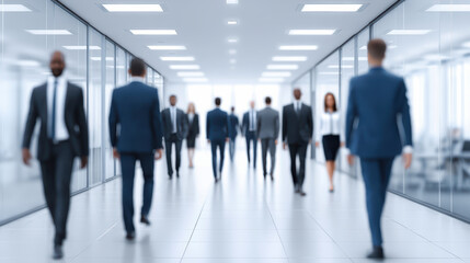 Blurred motion of people walking in eco-friendly office modern workspace professional environment dynamic viewpoint