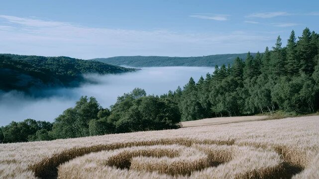 Mysterious crop circle in wheat field overlooking misty valley and forest. Aerial view of enigmatic pattern. Paranormal activity concept. Nature and unexplained phenomena.