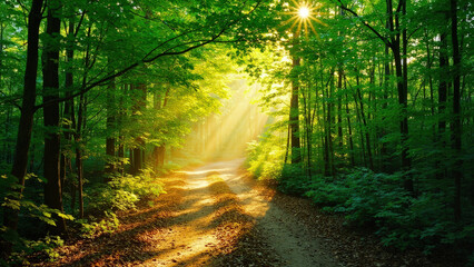 Obraz premium Sunlit forest path with tall green trees and sunlight streaming through the canopy creating a natural landscape scene