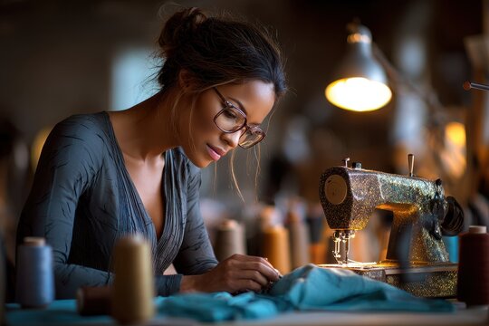 Sewing enthusiast focused on creating garments in a cozy tailor studio with natural light - Powered by Adobe