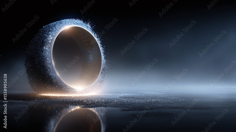 Aufkleber abstract ring of light: a circular portal effect with a sparkling edge, emanating light onto a refle
