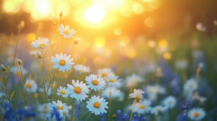 white daisy flowers, beautiful dreamy wildflower field with soft light, refreshing spring time