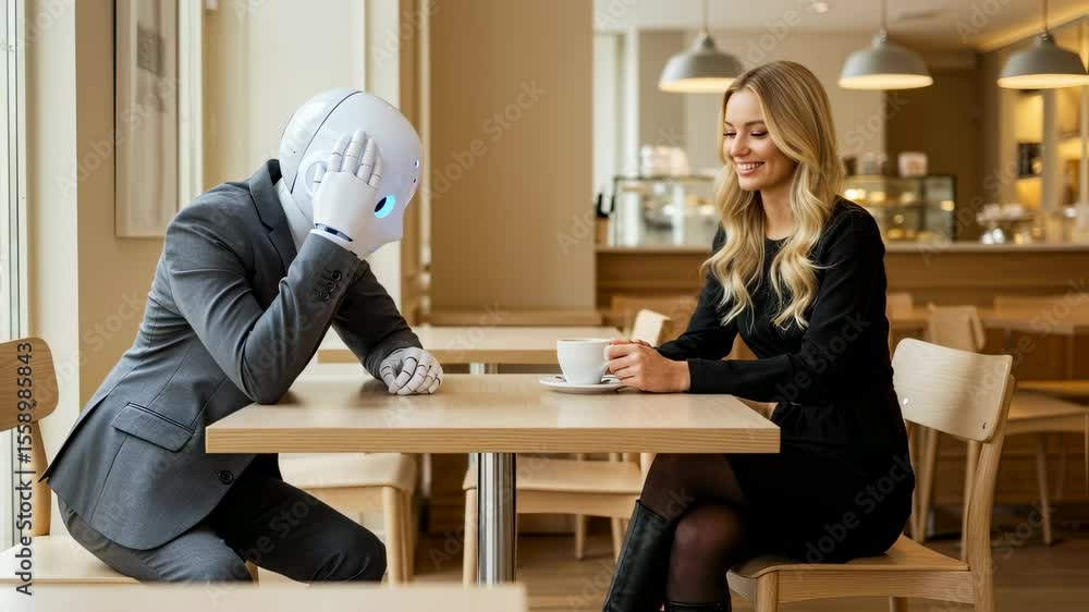 Poster a woman and a robot sitting at a table in a cafe, drinking coffee and talking. robotic interaction c