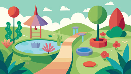 Naklejka premium Flat vector illustration of a colorful sensory garden with paths, trees, flowers and a water feature under a blue sky