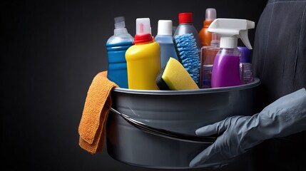 A person holds a gray bucket containing various cleaning supplies, including spray bottles, a sponge, and a cleaning brush, against a dark backdrop.