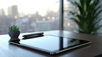 Tablet and stylus on wooden table