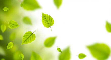 Flying green leaves on white background. Fresh spring foliage. AI generative