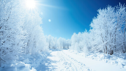 Fototapeta premium Winter landscape with snow-covered road and trees under a bright blue sky and sunlight creating a cold, serene atmosphere