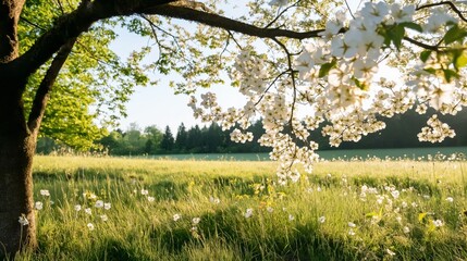 Naklejka premium springtime in countryside of Japan with cherry flower tree blossoming with green farmland 