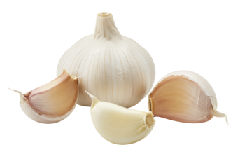 A close-up, ultra photorealistic UHD studio photograph of a creamy white peeled garlic clove flanked by two unpeeled ones, all on a clean white background with copy space, soft even lighting. Concept