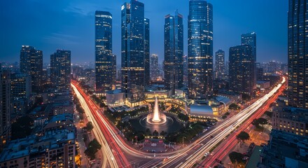 Stunning Night View of Modern City Skyline with Illuminated Roads and Skyscrapers