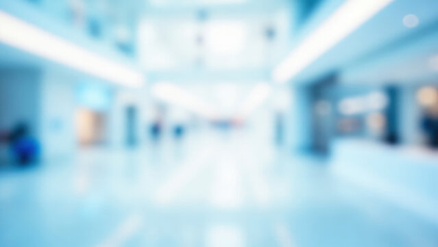 Blurred interior view of a bright hallway with blue and white tones, soft focus, architectural elements, and ambient lighting