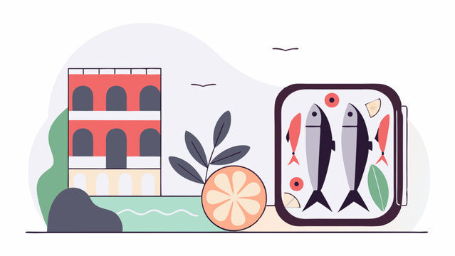 Illustration of fresh fish with citrus and a historic building, capturing a coastal culinary theme.