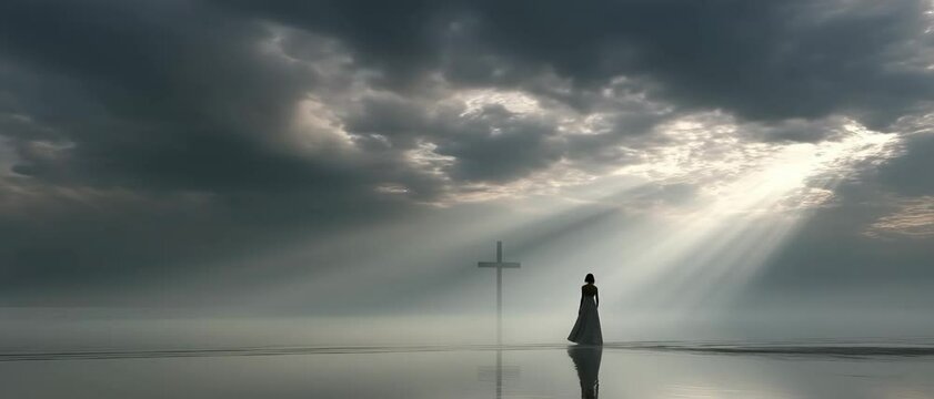 Christian faith hope and prayer background with cross and light rays stock video footage 100