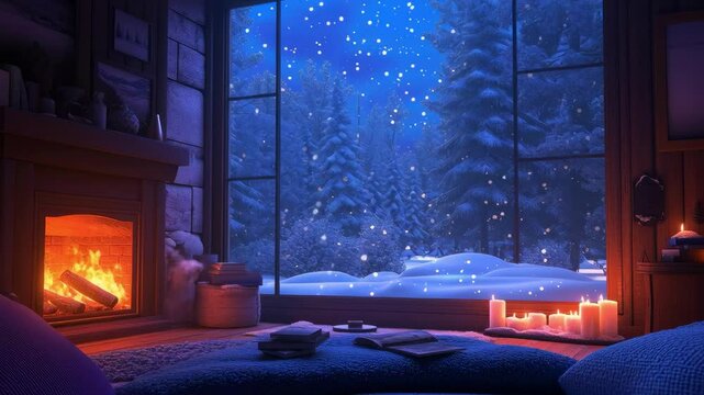 cozy winter cabin interior with fireplace and snowfall outside peaceful snow scene loop