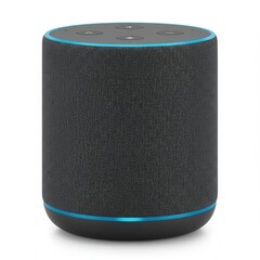 Obraz premium Modern cylindrical smart speaker with voice control, used for music, smart home automation, and virtual assistant interactions.