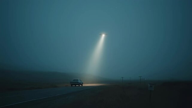 Mysterious light beam illuminating dark ocean at night. Car on shore observing UFO-like phenomenon. Eerie atmospheric seascape with unexplained glowing object.
