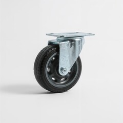 Heavy duty caster with black rubber wheel and wide metal frame on white background