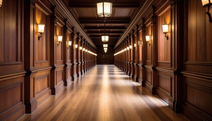 Elegant Wooden Hallway with Sconces and Natural Light