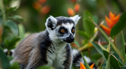 Obraz premium Close-up of a Ring-tailed Lemur in a lush tropical setting.