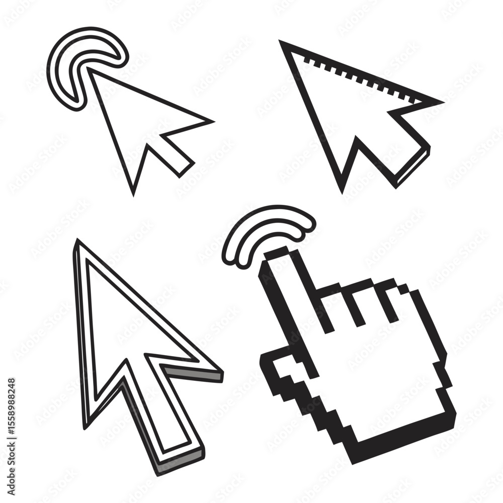 Fototapete Set of Four Black and White Mouse Cursor Icons: Arrow and Hand Pointer