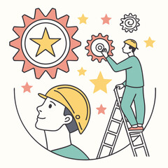 Achieving Goals: Illustration of Worker and Gears Symbolizing Success and Problem Solving
