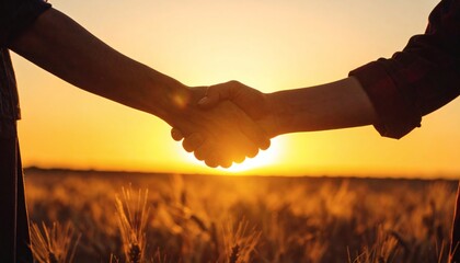 Farmers Handshake at Sunset in Wheat Field, Partnership & Agriculture