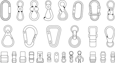 Set of clip hook and buckle vector icons, technical flat sketch of carabiner, clasp, and snap hook elements for bags, belts, accessories