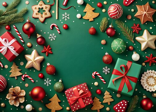 Festive christmas flat lay arrangement featuring red and green gifts gold star and tree shaped cookies candy canes pine branches and shiny baubles on a deep green background with scattered confetti