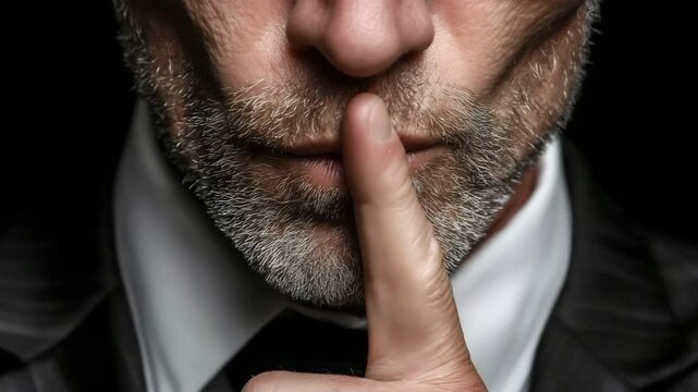 Man secret shhh silence finger lips quiet hush confidential information concept idea