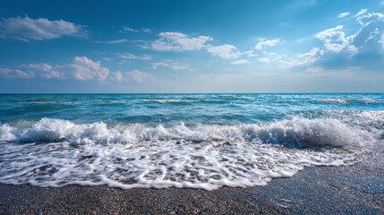 Fototapeta premium Waves crashing on the shore with foam. Ocean view with bright blue water under a sky with fluffy white clouds, creating a peaceful coastal scene.