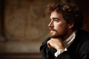 Obraz premium portrait of historian with focused expression positioned on left side of frame