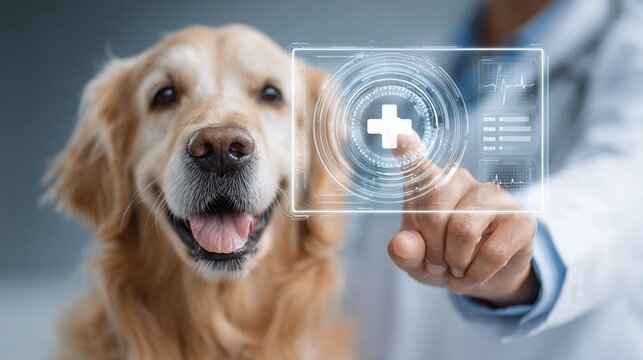 Veterinary Care: Golden Retriever and Futuristic Interface. Digital health management. Modern treatment. Science and technology merging for pet wellbeing.