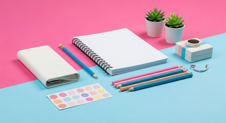 Stationery workspace creative supplies notebook pencils colorful objects