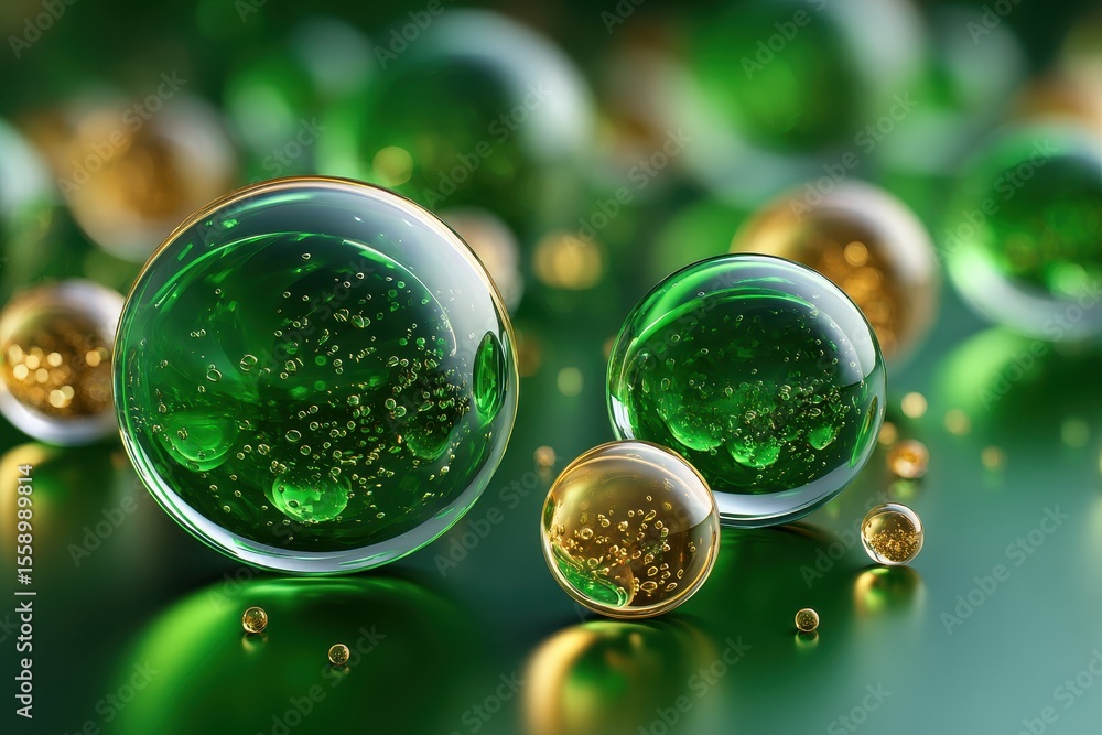 Poster colorful translucent spheres with bubbles create an abstract composition on a green surface in a cre