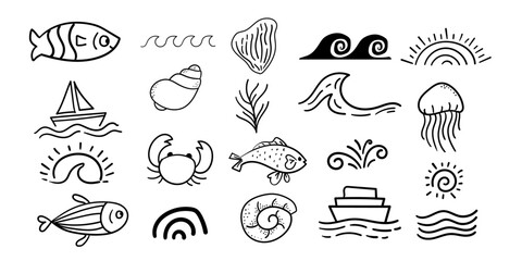 beach vibe doddle set,wave,fish beach background design set,Hand Drawn design element,Background design for beach party card,beach theme vector collection Pack.