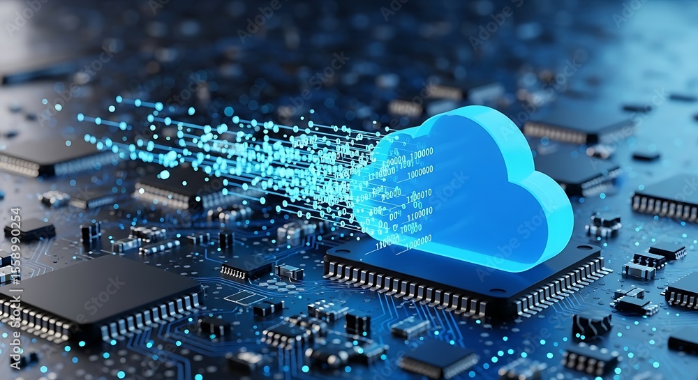 Aufkleber blue cloud data stream over electronic circuit board cloud computing data transfer