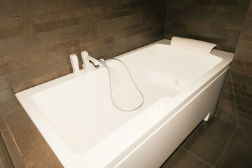 Modern empty bathroom with jacuzzi and dark brown tile interior