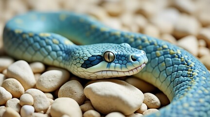 Obraz premium Closeup view of a vibrant blue snake resting on lightcolored stones