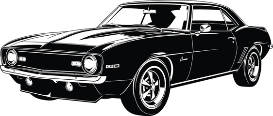A detailed black classic muscle car is isolated on white background, showcasing its iconic design and powerful engine