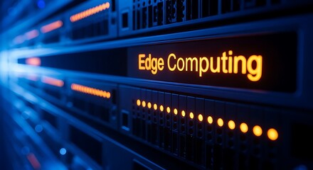 Glowing orange edge computing sign on server rack technology data center